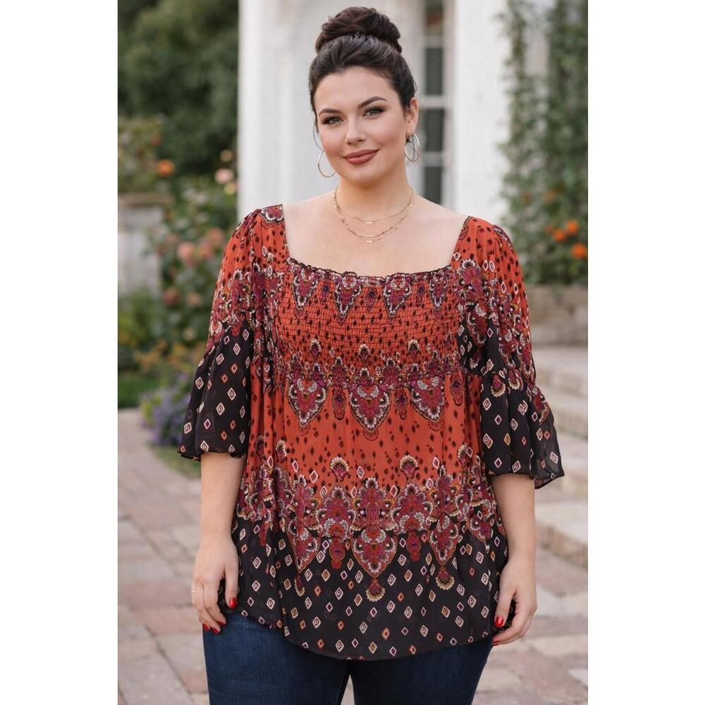 Lane Bryant Brown Rust Pink Paisley Smocked Off Shoulder Semi Sheer Top, 22/24